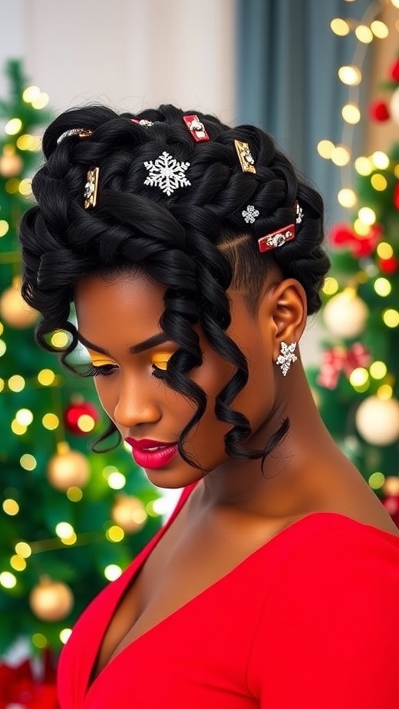 A woman with a braided crown hairstyle for afro hair, decorated with holiday clips, in front of a Christmas tree.